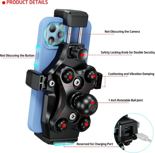 Miniatura 5 de iMESTOU - Soporte de teléfono para motocicleta antivibración, 1 pulgada de bola para manillar, antirrobo y rotación de 360°, se adapta a teléfonos