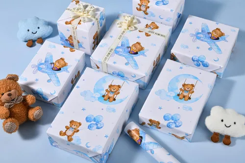 Miniatura 2 de Sikiweiter Papel de Regalo para Baby Shower – 17 pulgadas x 16.4 pies – Rollo de Papel de Regalo con Oso de Peluche para Regalos de Baby Shower
