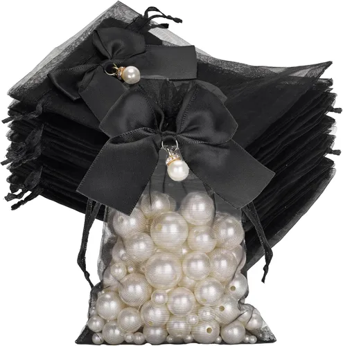 joycraft Bolsas de organza de 4 x 6 pulgadas con lazo, 30 bolsas negras para recuerdos de fiesta, bolsas de joyería con cordón, bolsas de malla