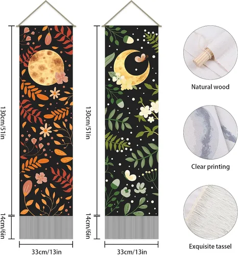 Miniatura 3 de AHANDMAKER 2 tapices de flores y hojas, tapiz de sol y luna, psicodélico largo vertical para colgar en la pared, tapices de estética botánica, tapiz