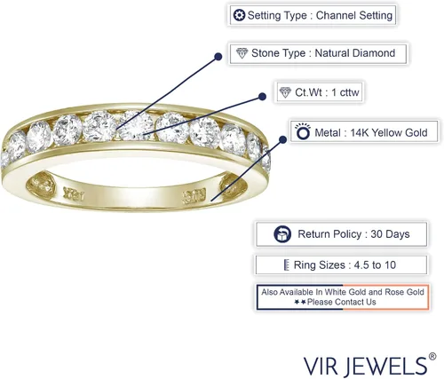 Miniatura 3 de VIR JEWELS Anillo de boda de diamante blanco de 1 cttw a 2 quilates para mujer, juego de canales de oro de 14 quilates, tamaño 4.5-10