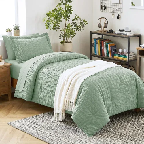 Miniatura 63 de CozyLux Juego de ropa de cama con edredón tamaño King Beige Seersucker de 7 piezas, juego de cama en una bolsa, con edredón, sábanas, fundas