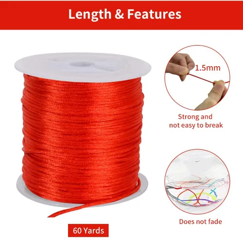 Miniatura 2 de TONIFUL 1.5mm x 50 yardas de cordón de nailon rojo satinado para hacer pulseras, cordón de macramé cola de ratón, cordón para collar, hilo