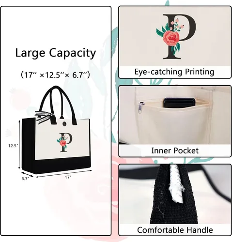 Miniatura 104 de Bolsa de lona con inicial, regalos de cumpleaños personalizados para mujeres, madres, amigas y profesoras, bolsas de mano con monograma adecuadas