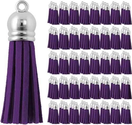 Miniatura 73 de Mandala Crafts 100 borlas de gamuza sintética color aguamarina con tapa dorada, suministros para hacer llaveros a granel, pequeñas borlas de cuero