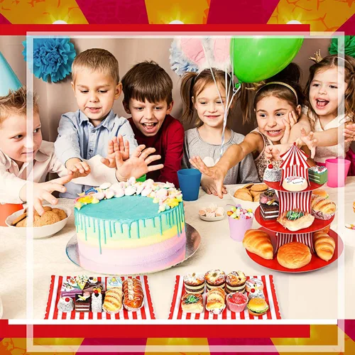 Miniatura 6 de Zopeal - Juego de 7 soportes para tartas de carnaval de 3 niveles, soporte para cupcakes de circo, carnaval, 1 nivel, bandeja rectangular