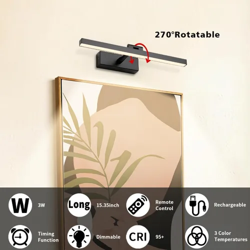 Miniatura 4 de Joosenhouse Luz para Cuadros Inalámbrica Operada por Batería Luz de Galería con Control Remoto Luces de Pared Recargables Negras 15.35" Regulable