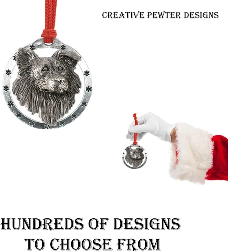 Miniatura 5 de Adorno navideño para colgar en la cabeza de collie con borde de peltre antiguo hecho a mano para decorar coronas y árboles de Navidad del hogar