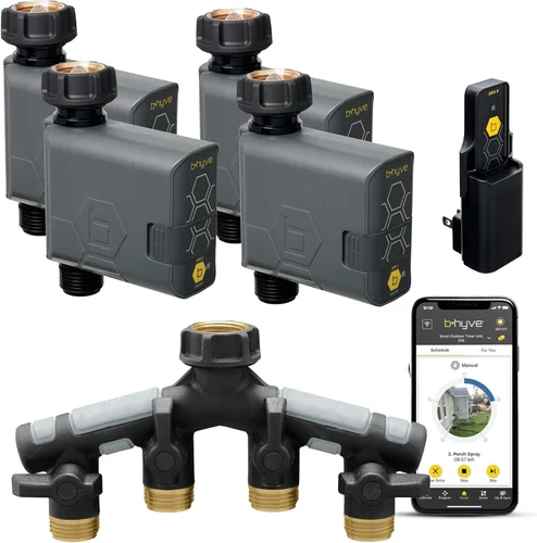 Orbit 21207 B-hyve Gen 2 Temporizador de riego inteligente de manguera, paquete de 4 con concentrador Wi-Fi y divisor Y de manguera