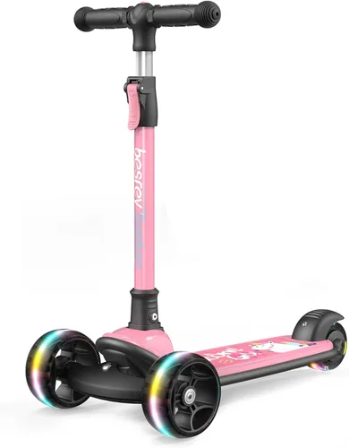Miniatura 11 de Besrey - Patinete para niños de 3 a 10 años, patinete plegable de 3 ruedas con altura ajustable, ruedas con luz LED, plataforma extra ancha