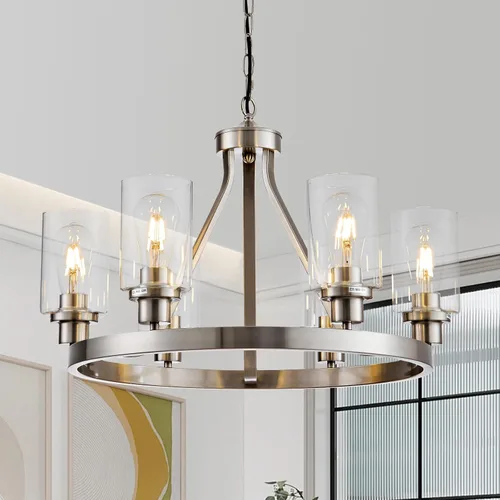 Lanhall - Lámpara moderna de 6 luces para comedor, lámpara de techo en níquel cepillado para cocina, candelabro colgante con pantalla de vidrio para