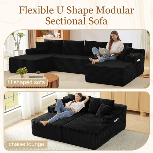 Miniatura 5 de Sofá cama modular de 134 pulgadas, sofá de nube deshuesado para sala de estar, sofá de 5 asientos en forma de U con 2 bolsillos de almacenamiento