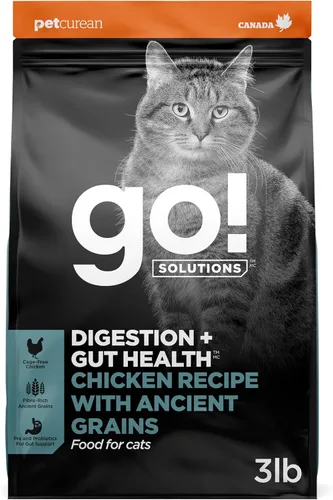 Go! Solutions Digestión + salud intestinal, comida seca para gatos, receta de pollo con granos antiguos, bolsa de 3 libras | Fiber-Rich Kibble for
