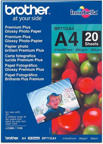 Brother Papel fotográfico BP71GA4, A4, Premium Plus brillante, 11.693 in (ancho) x 8.268 in (largo), 20 hojas, suministros originales de Brother