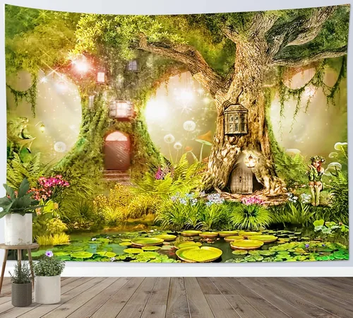 HVEST Tapiz de bosque de cuento de hadas para colgar en la pared, estanque de lirios de agua, árboles mágicos, casas en el país de los sueños, tapiz