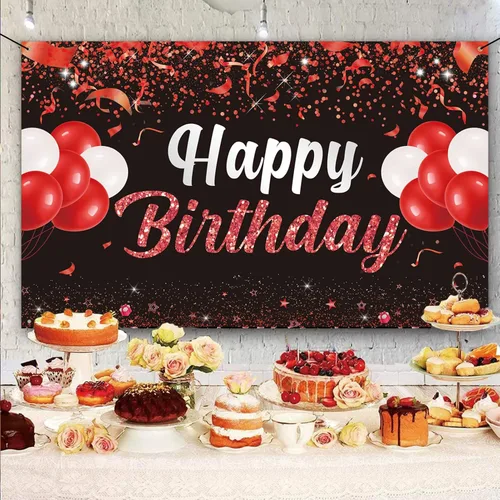 Miniatura 5 de Trgowaul Fondo de pancarta de feliz cumpleaños, decoración de fiesta de cumpleaños rojo y negro, suministros de fiesta de cumpleaños, niños, hombres