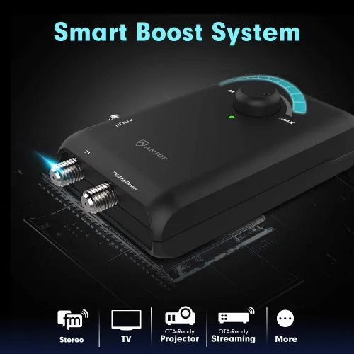 Antop Amplificador de antena HD Smart Boost, amplificador de antena de TV, amplificador de señal HDTV con salidas duales para 2 televisores,