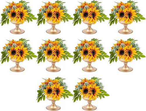 Miniatura 16 de Juego de 10 portavelas de metal dorado de 10.2 pulgadas de alto, florero, arreglo floral, candelabro, candelabro, portavelas para bodas, fiestas