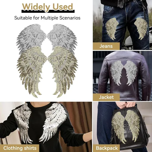 Miniatura 3 de 2 pares de parches de lentejuelas con alas de ángel grandes, apliques decorativos para planchar para ropa, chaquetas, jeans, vestidos, faldas