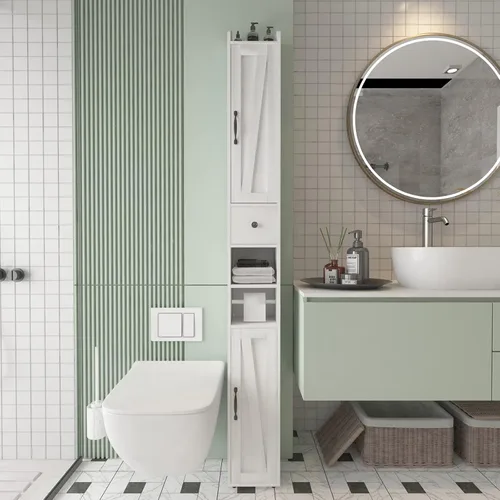 Miniatura 9 de Armario de baño con estante ajustable, armario de almacenamiento para espacio pequeño, armario de almacenamiento alto con barra de papel higiénico