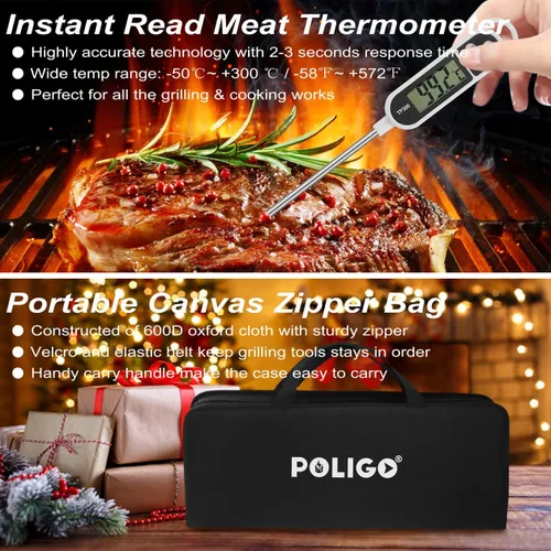 Miniatura 7 de POLIGO Juego de 29 herramientas para parrilla de barbacoa de acero inoxidable con bolsa de almacenamiento para el día del padre, regalos de Plateado