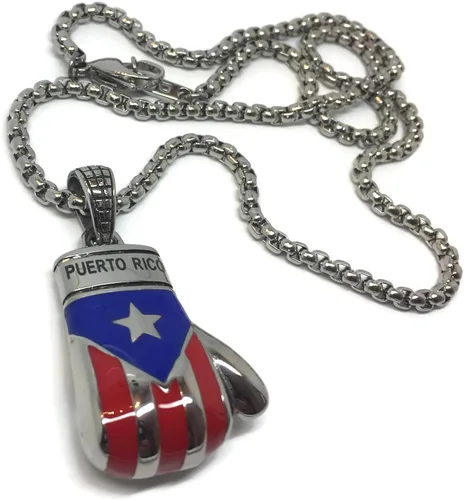 Miniatura 2 de Colgante de guante de boxeo con bandera puertorriqueña con caja de 24 pulgadas, collar de cadena de acero inoxidable enlazado para hombres