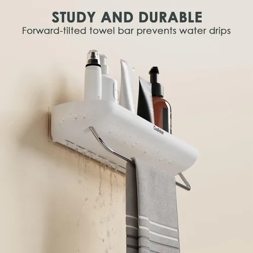 Miniatura 4 de Estante de ducha con toallero, organizador de baño moderno, autoadhesivo, resistente, se adhiere a la pared, sin perforaciones, plástico inoxidable