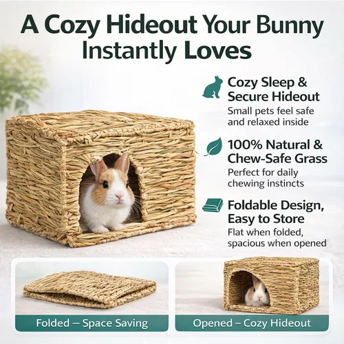 Miniatura 3 de HERCOCCI Casa de césped extra grande para conejos, plegable y cómoda, para animales pequeños, para jugar en cabaña, cama escondida, tapete de heno