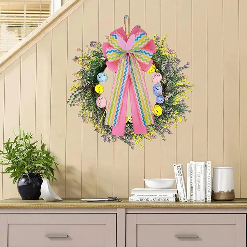 Miniatura 8 de Meseey Arco grande de arpillera de Pascua, coronas de 20 x 10 pulgadas, lazos de conejo de primavera para envolver regalos, decoración del árbol