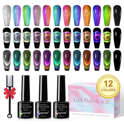 Miniatura 15 de Juego de esmalte de uñas magnético de ojo de gato, 12 colores, esmalte de uñas de ojo de gato 9D, brillo holográfico, esmalte de gel magnético, Gel