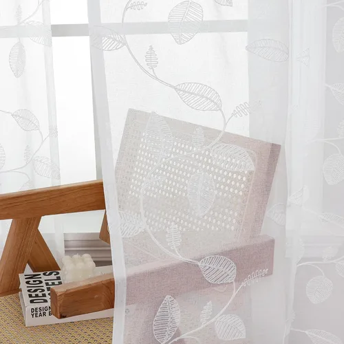 Miniatura 3 de YoungsTex Cortinas Transparentes con Diseño de Hojas de 63 Pulgadas de Largo para Ventana de Sala de Estar, Cortinas de Encaje Blanco Ligeras