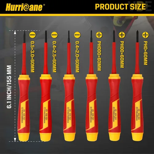 Miniatura 3 de HURRICANE Juego de destornilladores de precisión aislados de 6 piezas, destornilladores eléctricos pequeños certificados VDE de 1000 V con puntas
