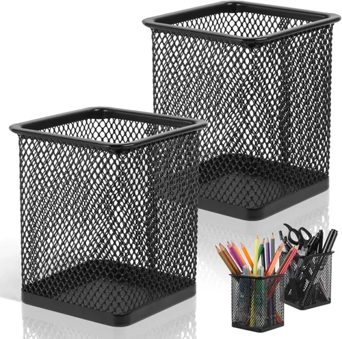 Miniatura 8 de Paquete de 2 soportes metálicos de malla para bolígrafos, 3.54 x 3.85 pulgadas, organizadores de espacio de trabajo para la oficina escolar