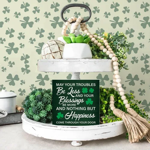 Miniatura 7 de Decoración del Día de San Patricio con texto en inglés «May Your Troubles Be Less and Your Blessings Be More » Letrero de madera para decoración