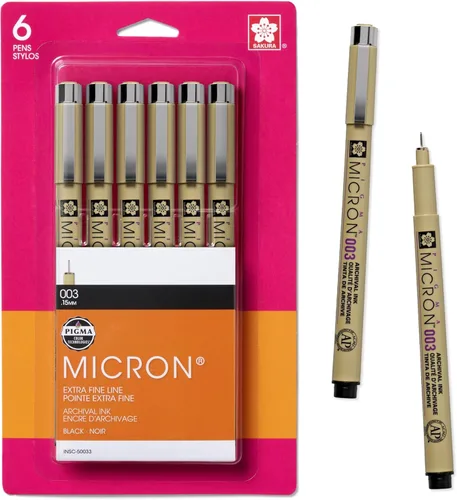 SAKURA Pigma Micron 50033 - Bolígrafos fineliner, tamaño de punta 003, tinta negra archivada, 6 unidades