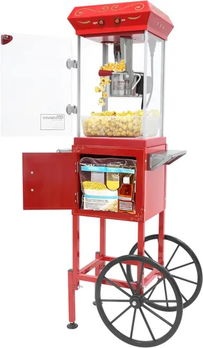 Miniatura 12 de Máquina comercial de palomitas de maíz con carrito y ruedas, máquina para hacer palomitas de maíz con hervidor de acero inoxidable de 22 onzas