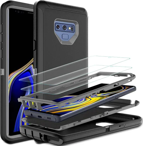 Funda para Galaxy Note 9 con protector de pantalla de TPU [2 unidades], 3 en 1, protección resistente a los golpes, color negro y gris