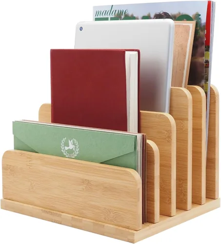Organizador de correo de escritorio para encimera, 5 ranuras de bambú para cartas, sobres, papel, archivo de facturas, organizador de bandeja de
