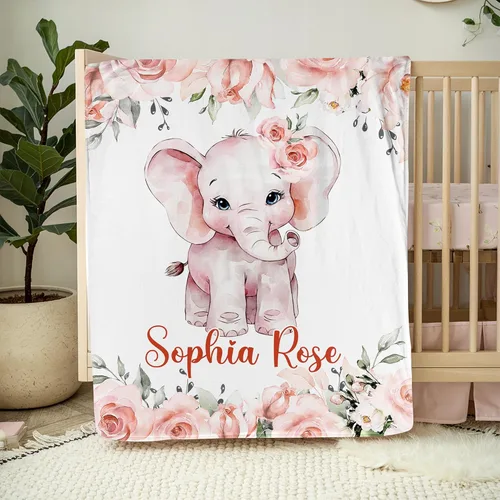 Miniatura 2 de NAZENTI Manta de bebé de elefante personalizada, manta de bebé niña personalizada con nombre y floral, regalo para niñas y niños, recién nacidos