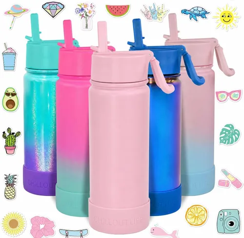 Miniatura 31 de CHILLOUT LIFE Botella de agua aislada para niños de 17 onzas para la escuela con tapa con pajilla, a prueba de fugas y bonitas calcomanías Azul