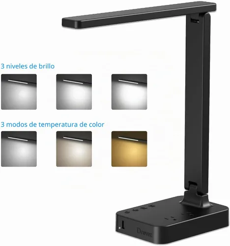 Miniatura 2 de Drevet Lámpara LED de escritorio para dormitorio universitario, luz de escritorio con 1 puerto de carga USB, 2 tomas de corriente CA, 3 modos