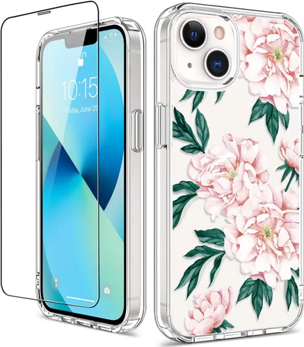Miniatura 8 de Funda para iPhone 13 con protector de pantalla, transparente con diseño floral para niñas y mujeres, a prueba de golpes, con funda de parachoques