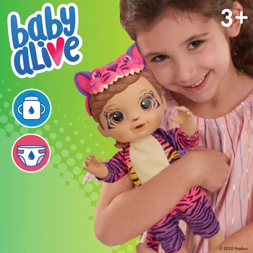 Miniatura 5 de Baby Alive Rainbow Wildcats muñeca de tigre, con accesorios, bebida, pañal, juguete de tigre para niños mayores de 3 años, pelo marrón