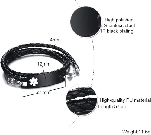 Miniatura 2 de XUANPAI Personalized Customized Multi-Strand Handmade Weaving PU Emergency Medical Alert ID Bracelet Wristband for Men,7.5 Inches
