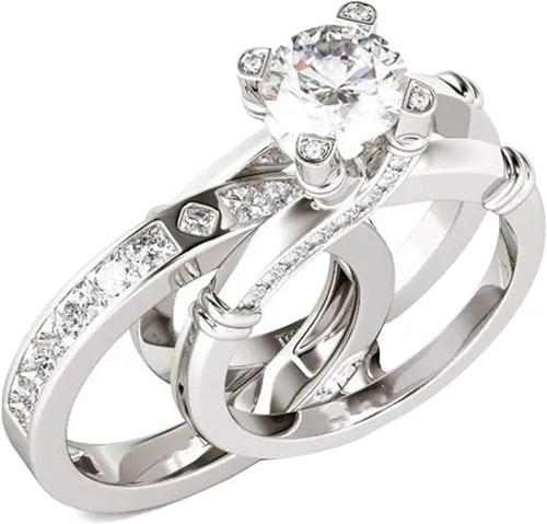 Miniatura 5 de Juego de anillos de diamante para mujer juego de anillos de combinación creativa 2 en 1 con circonita y anillo de moda versátil para boda compromiso