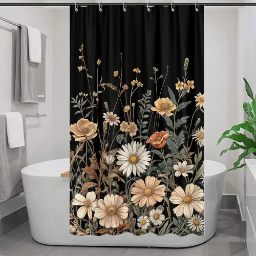 Miniatura 14 de Cortina de ducha de mariposa floral negra y dorada, cortina de ducha bohemia con diseño botánico de flores oscuras para baño con gancho, juego
