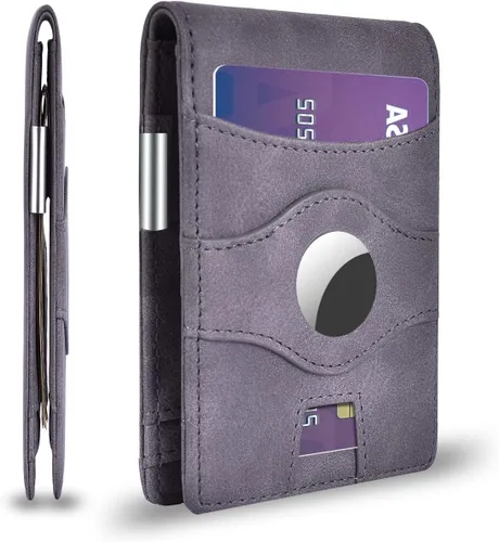 RF-BLOLLET Billetera minimalista con bloqueo RFID y bolsillo frontal compatible con AirTag, billetera delgada y plegable para tarjetas de crédito