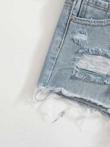 Miniatura 3 de WDIRARA Pantalones cortos de mezclilla de cintura alta con dobladillo rasgado y botones para niña