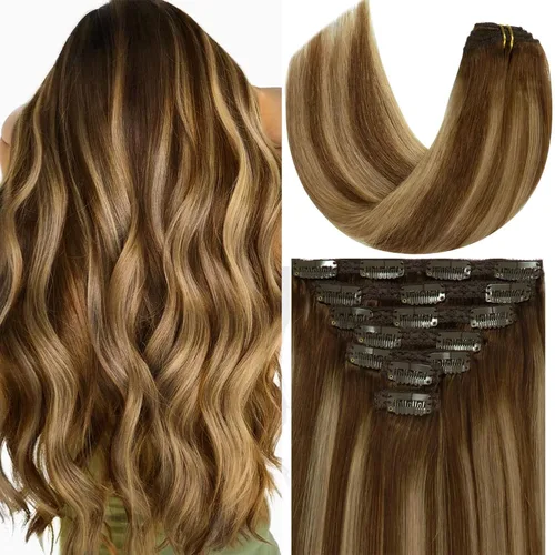 Miniatura 42 de Loxxy Extensiones de cabello humano con clip, sin costuras, 22 pulgadas, color marrón oscuro a castaño oscuro y marrón oscuro, 7 piezas