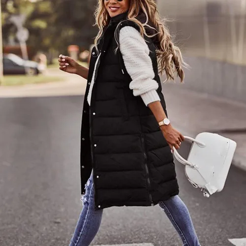 Miniatura 8 de Chaleco largo para mujer, sin mangas, acolchado, con cremallera, capucha, abrigo de invierno cálido, ligero, con bolsillos